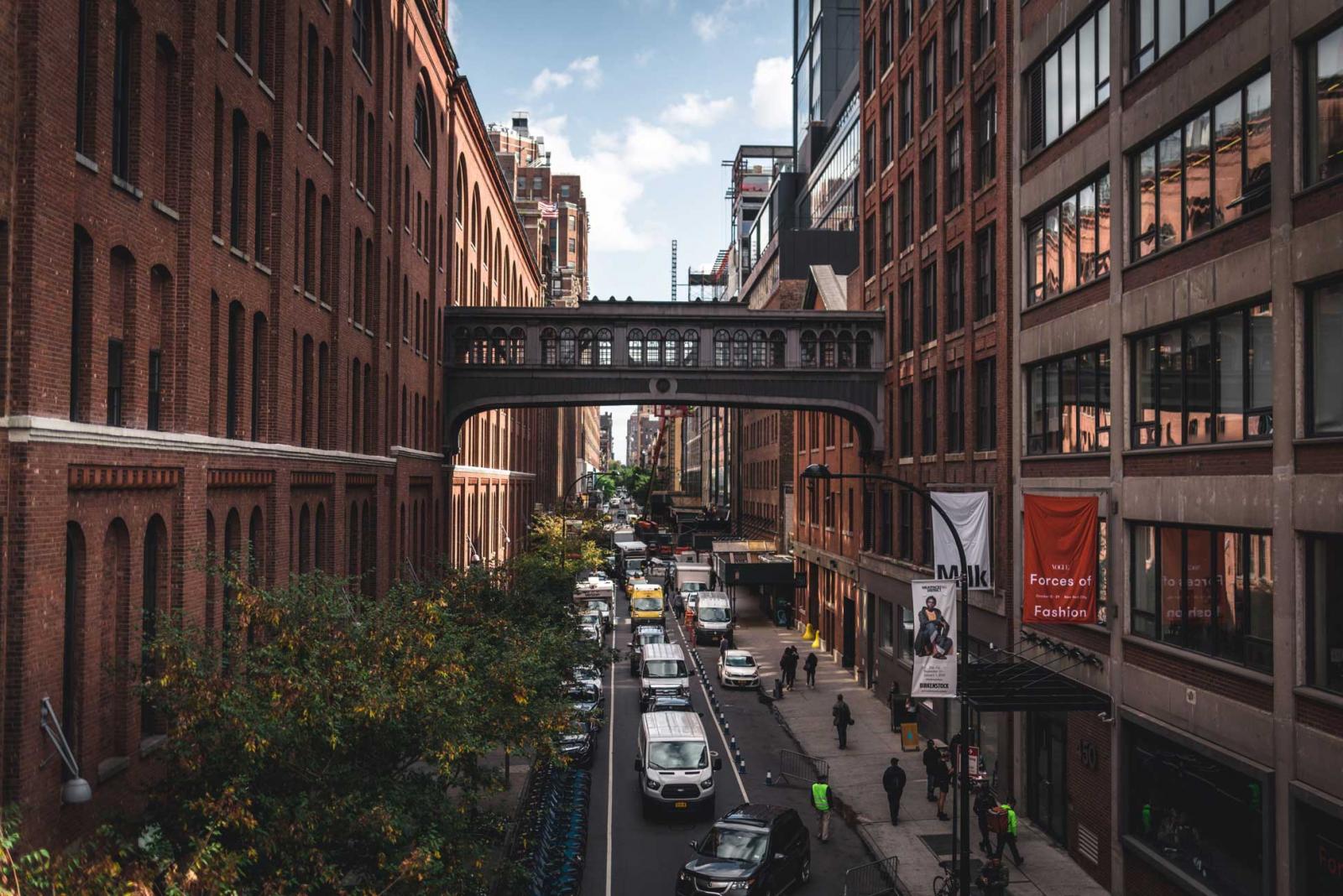 Historic buildings and an elevated passage in Manhattan’s Meatpacking District